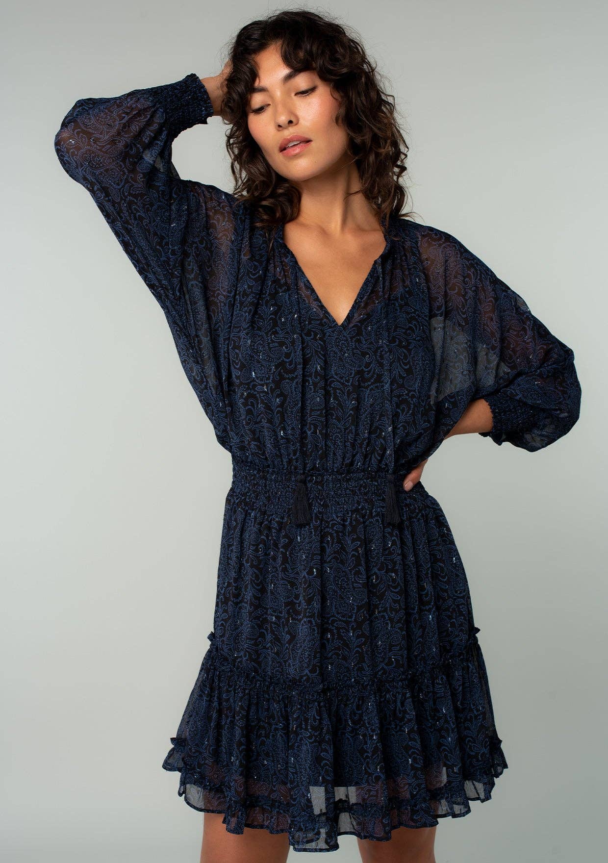 Paisley Dolman Sleeve Smocked Tiered Navy Mini Dress