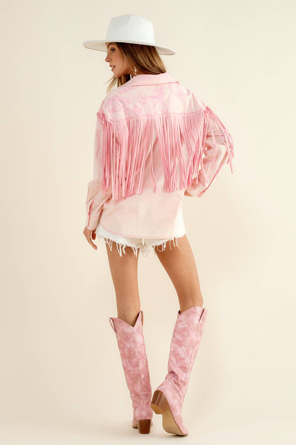 Pink Embroidered Fringe Button Up Shirt at Bourbon Cowgirl