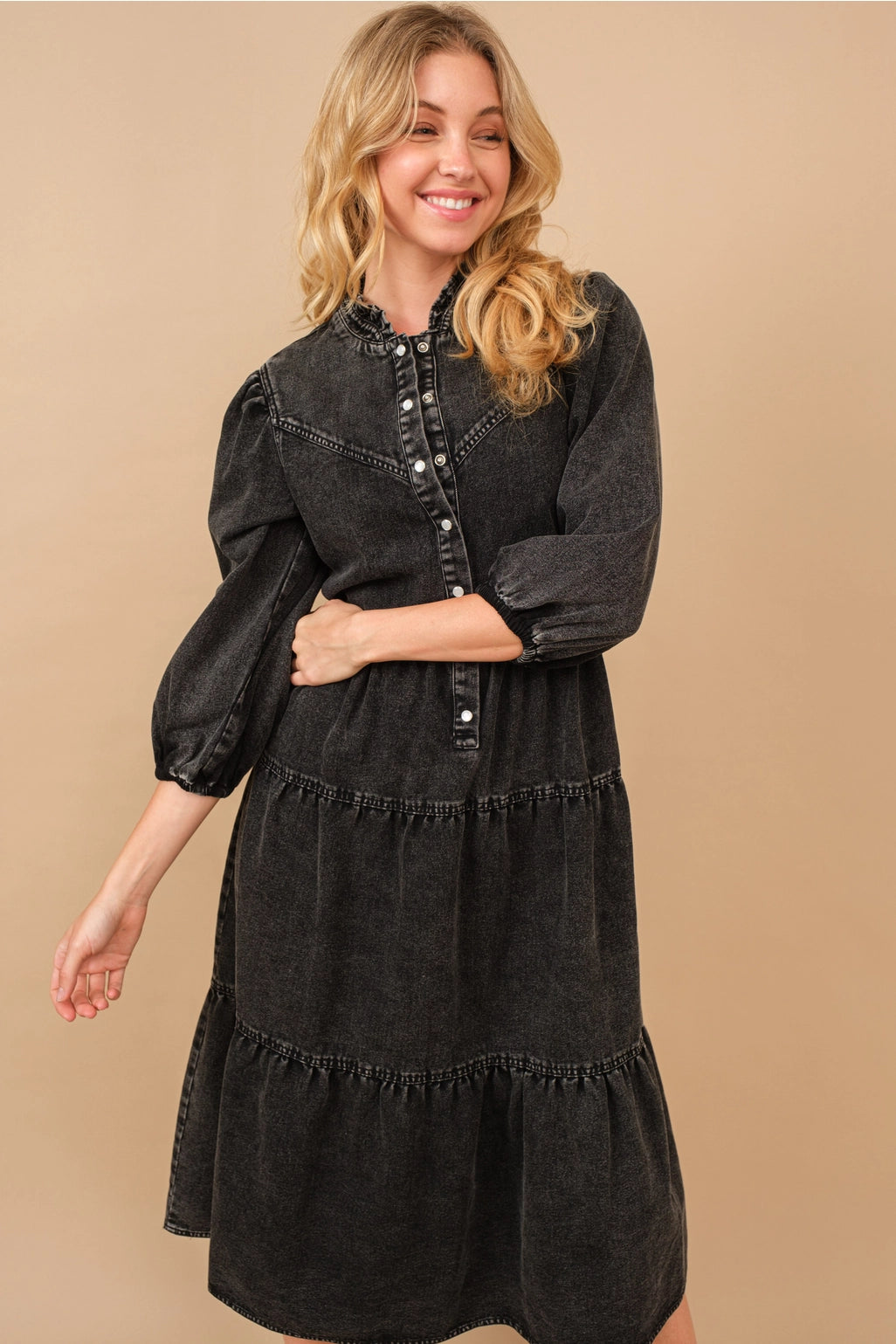 Garment Washed Chevron Yoke Midi Denim Dress Black