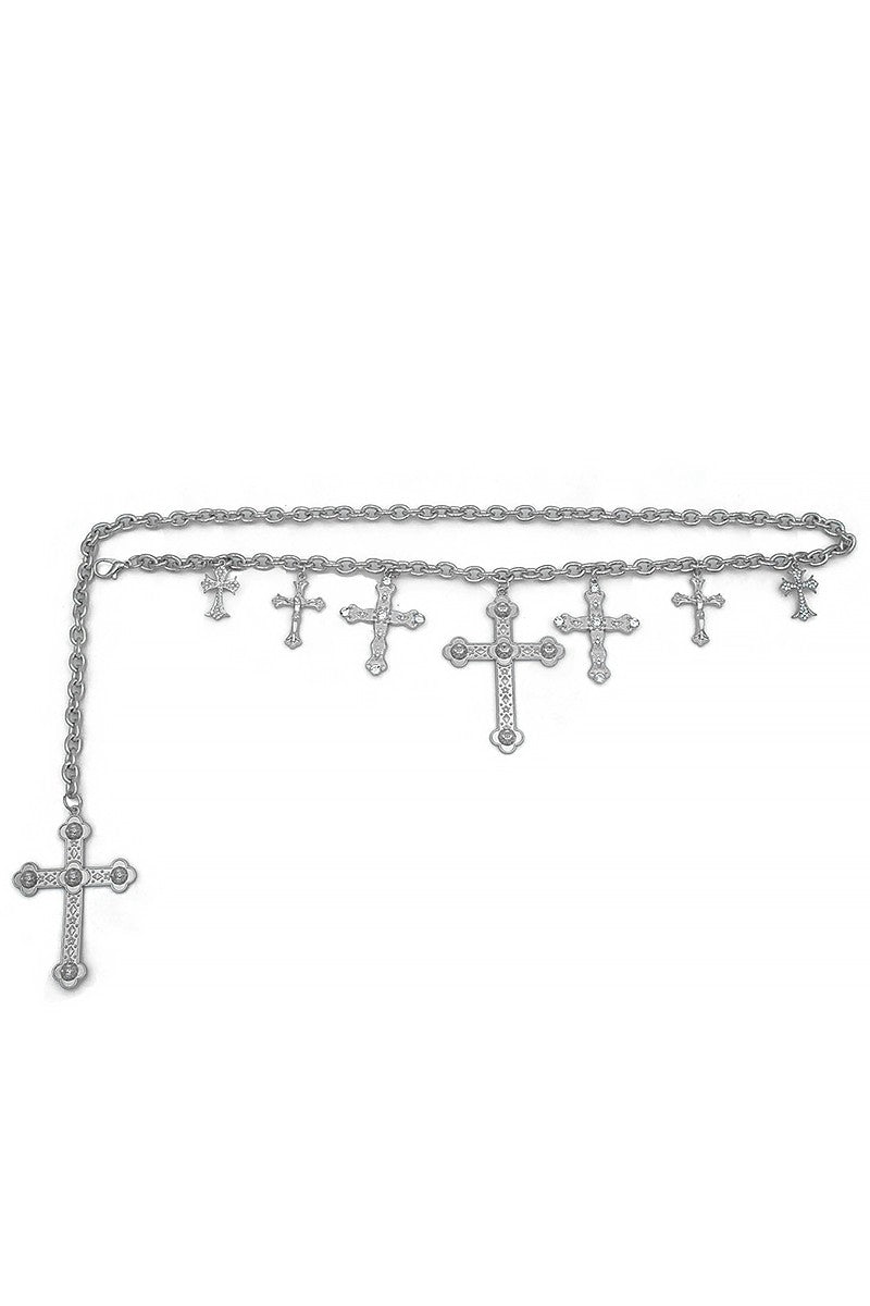 Silver Cross Pendant Chain Belt with Rhinestones - Western Belts for Cowgirls