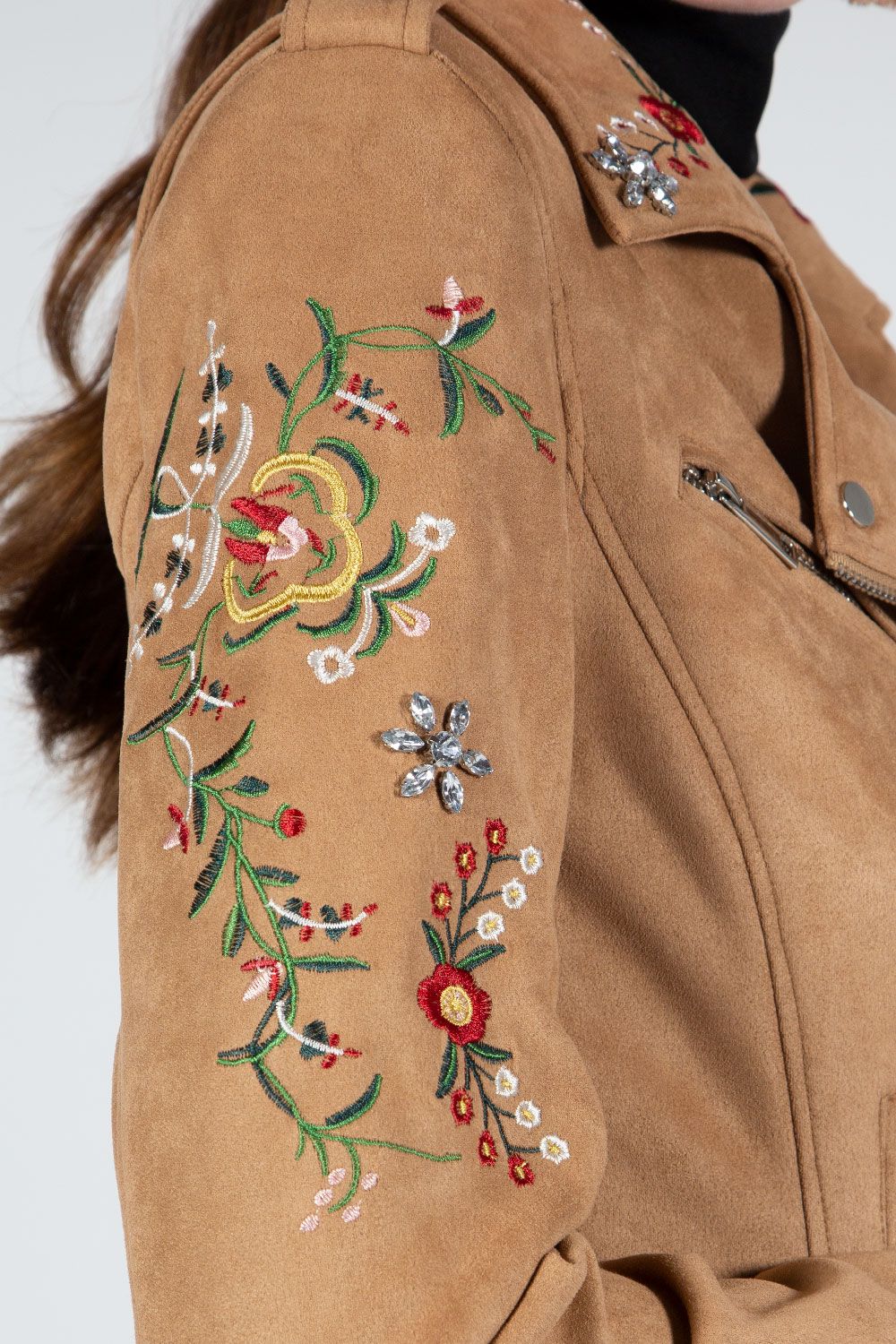 Vegan Suede Moto Jacket with Embroidery in Tan at Bourbon Cowgirl