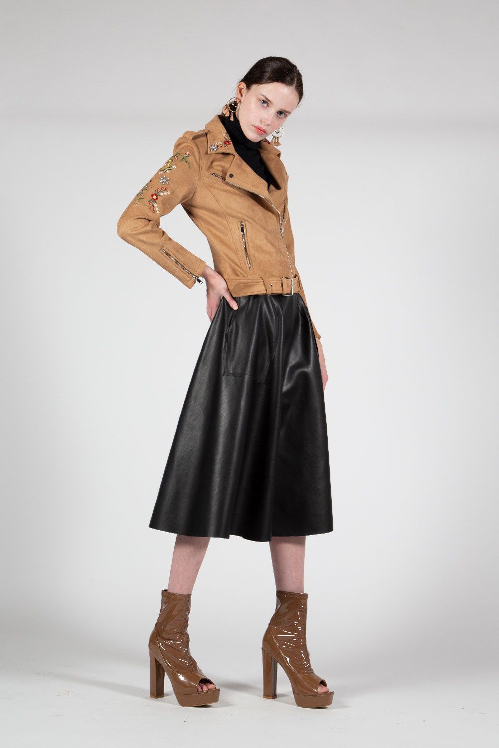 Vegan Suede Moto Jacket with Embroidery in Tan at Bourbon Cowgirl