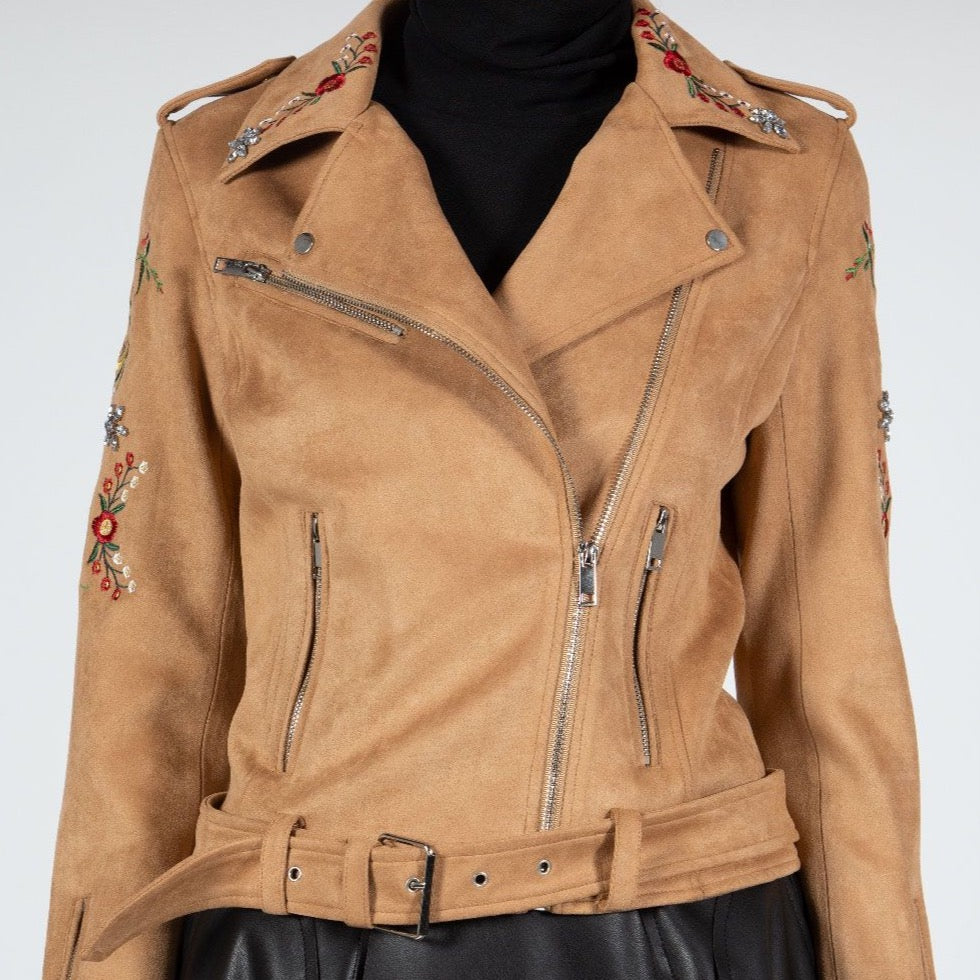 Vegan Suede Moto Jacket with Embroidery in Tan at Bourbon Cowgirl