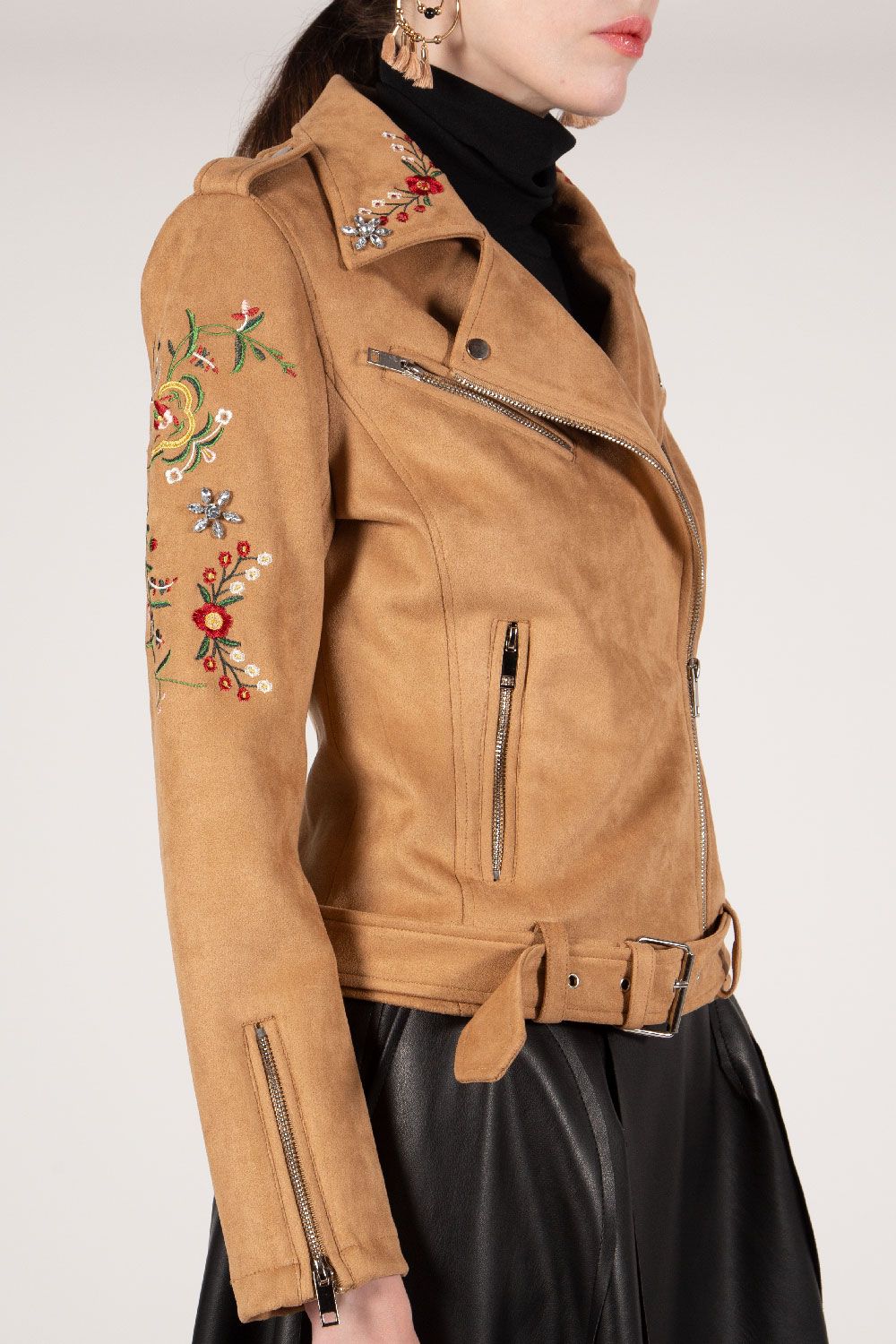 Vegan Suede Moto Jacket with Embroidery in Tan at Bourbon Cowgirl