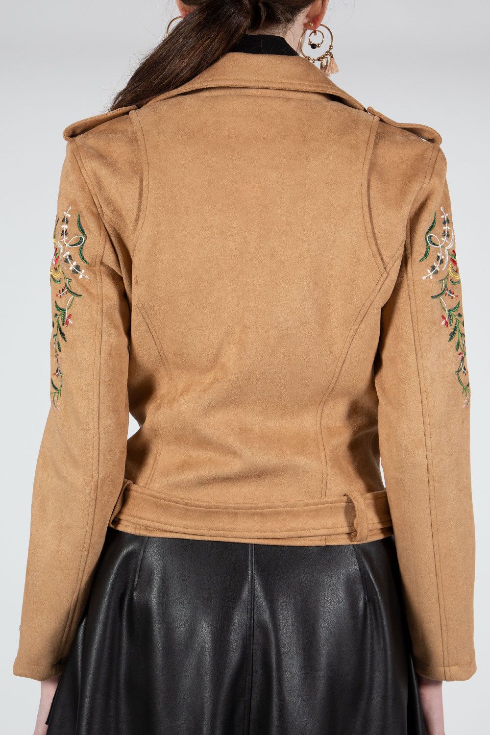 Vegan Suede Moto Jacket with Embroidery in Tan at Bourbon Cowgirl