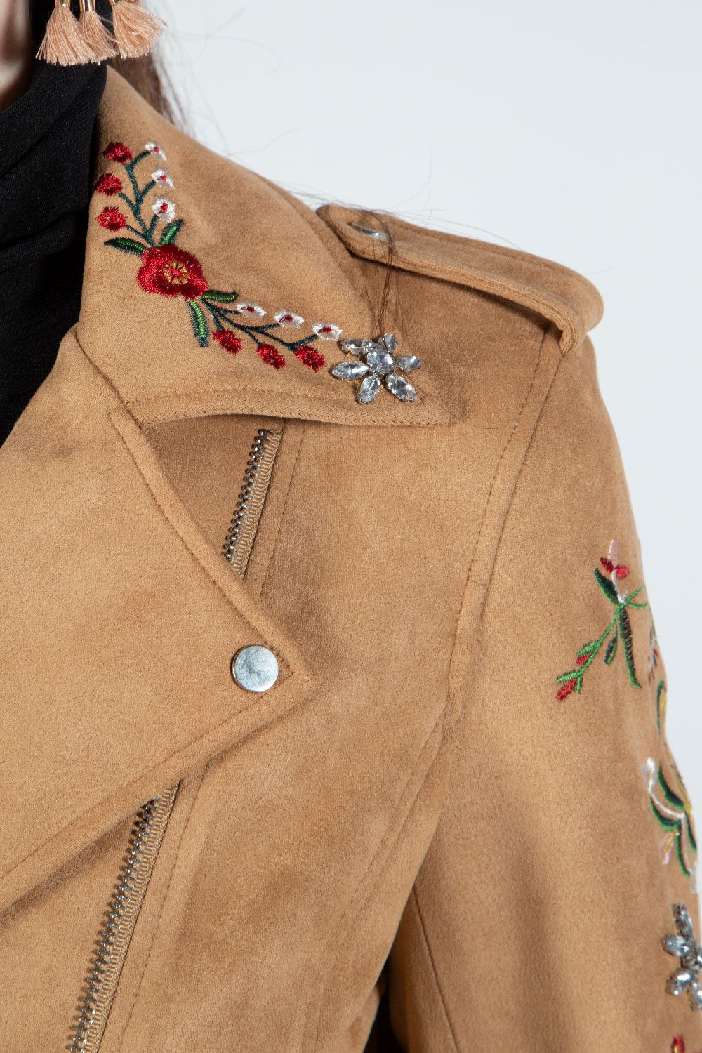 Vegan Suede Moto Jacket with Embroidery in Tan at Bourbon Cowgirl