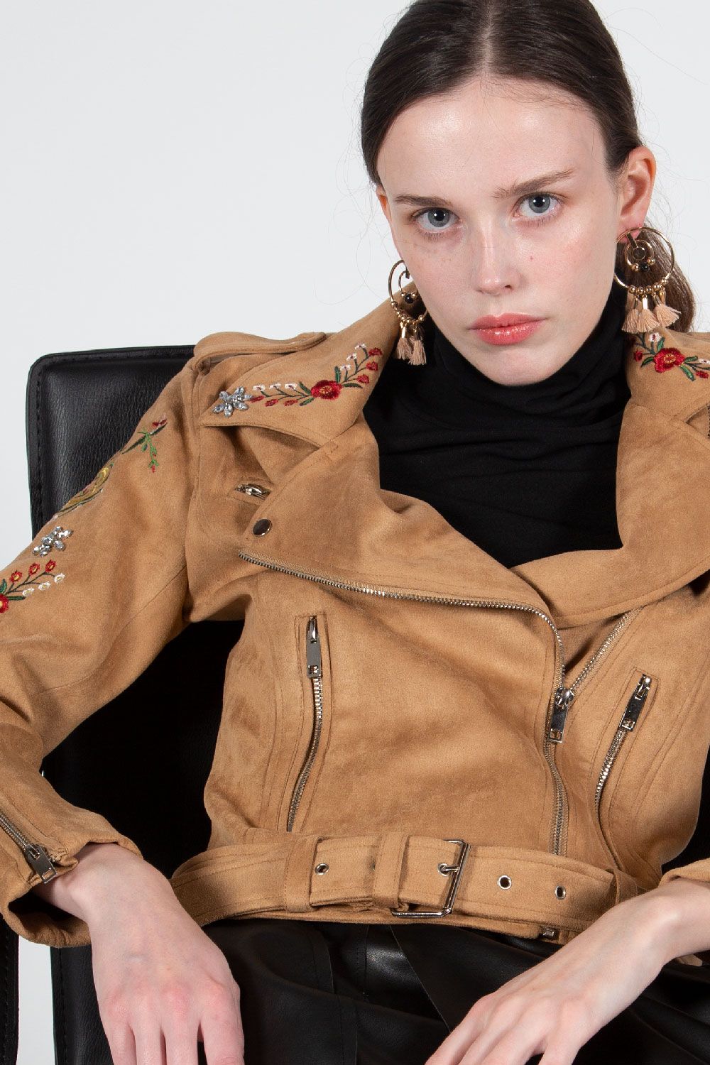 Vegan Suede Moto Jacket with Embroidery in Tan at Bourbon Cowgirl