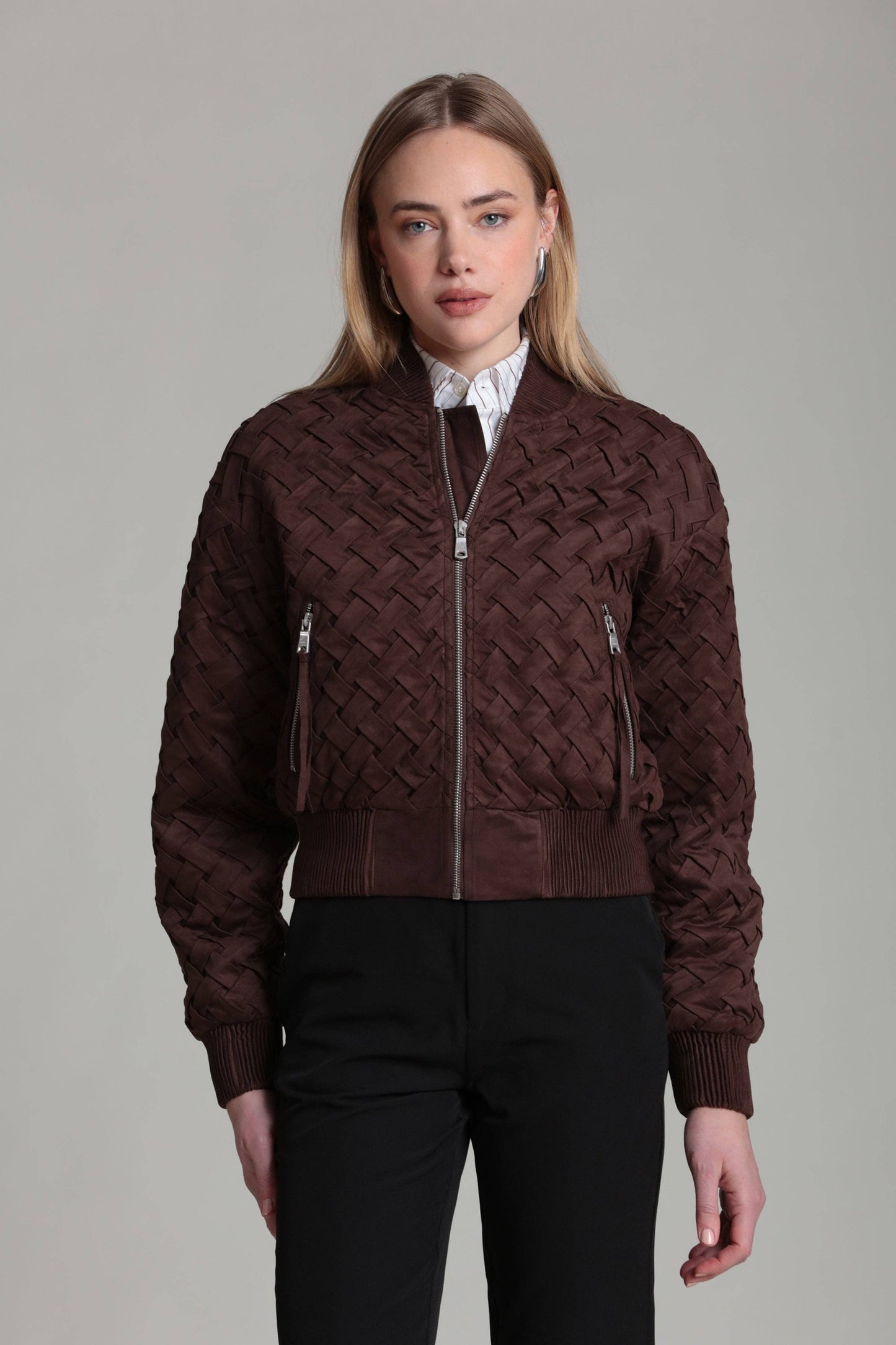 Faux Suede Woven Bomber Jacket