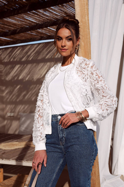 Lace Bomber Jacket, White at Bourbon Cowgirl