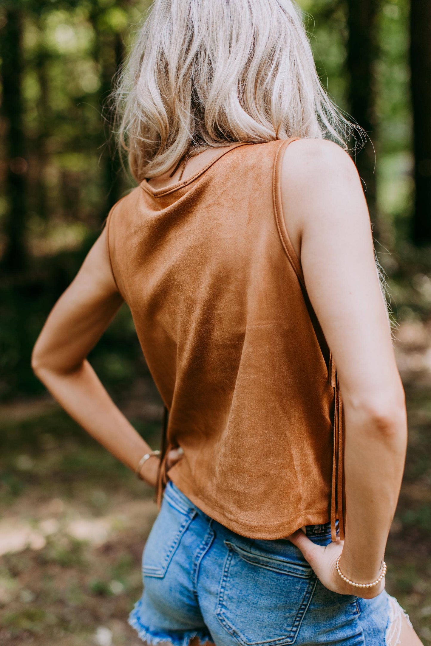 Vegan Suede Fringe Top Brown Western Tank at Bourbon Cowgirl