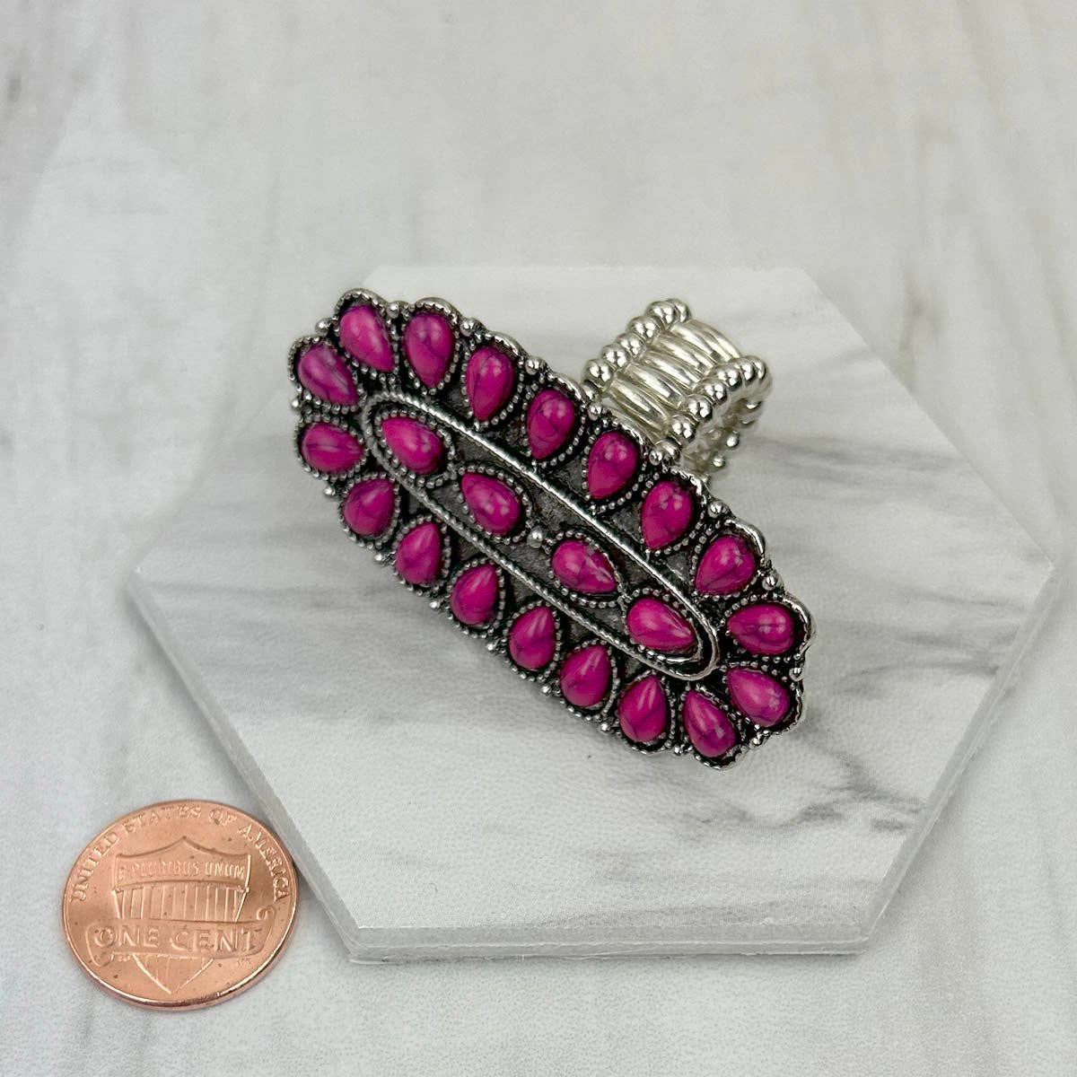 Silver with Hot Pink Stone Oval Concho Stretch Ring