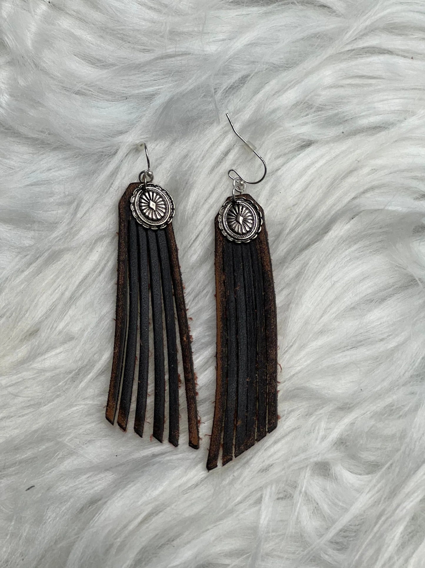 Silver Concho & Leather Fringe Earrings - Cowgirl Jewelry