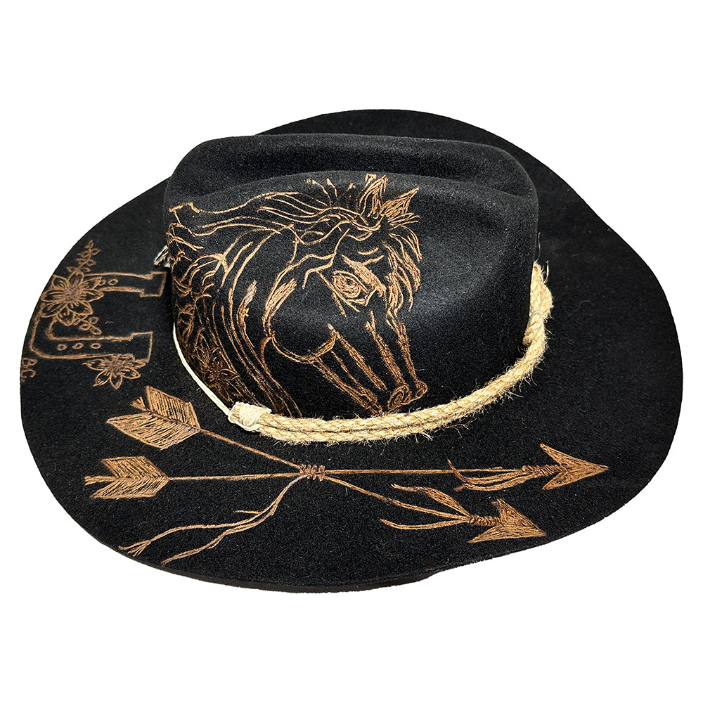 Custom Burned Cowboy Hat with Rope Band Black