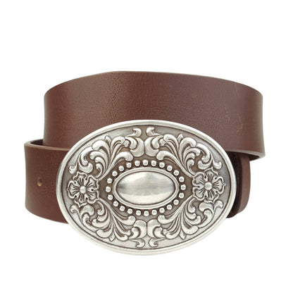 Genuine Leather Belt with Removable Western Floral Buckle