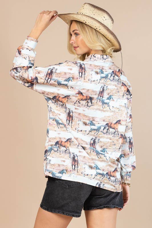 Wild Horses Print Western Button Down Shirt Blouse - Bourbon Cowgirl