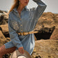 Rhinestone Gem Oversized Denim Tunic Shirt at Bourbon Cowgirl