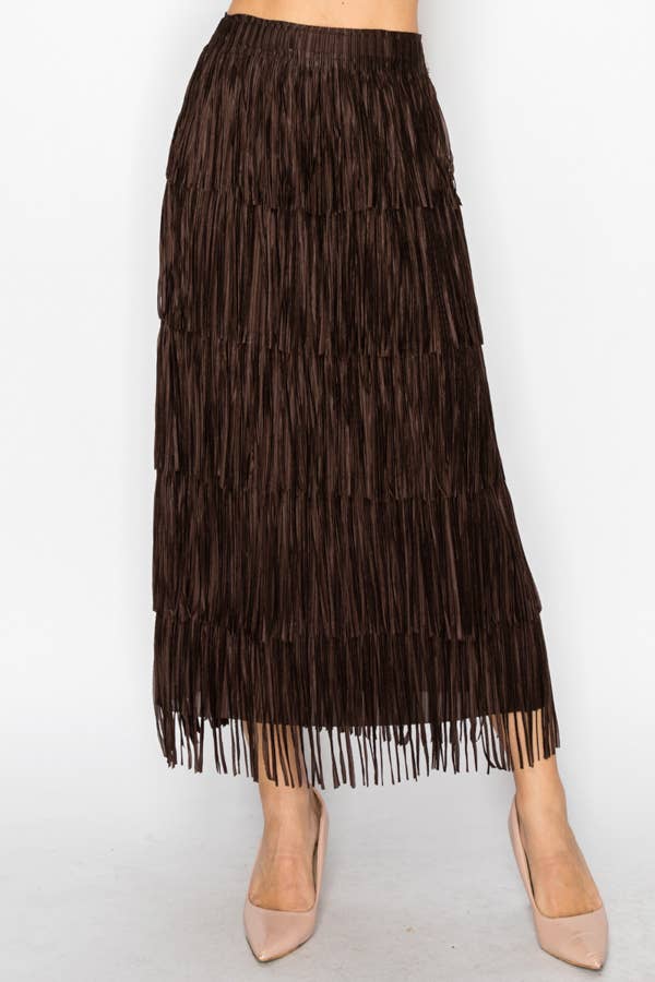 Layered Fringe Tiered Brown Maxi Skirt