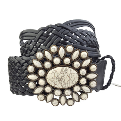 Hand Braided Leather Belt with Turquoise Style Brass Buckle