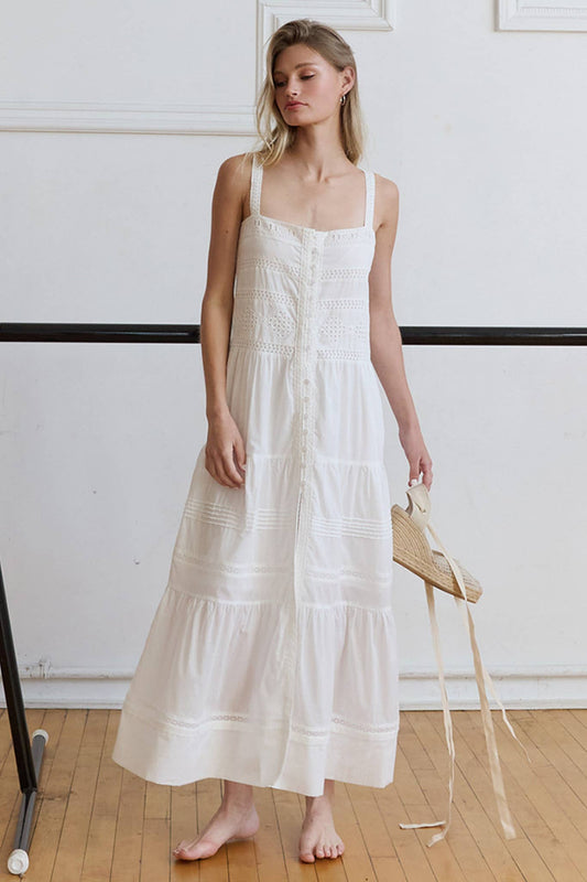 Romantic Tiered Woven Maxi with Lace Trim Dress