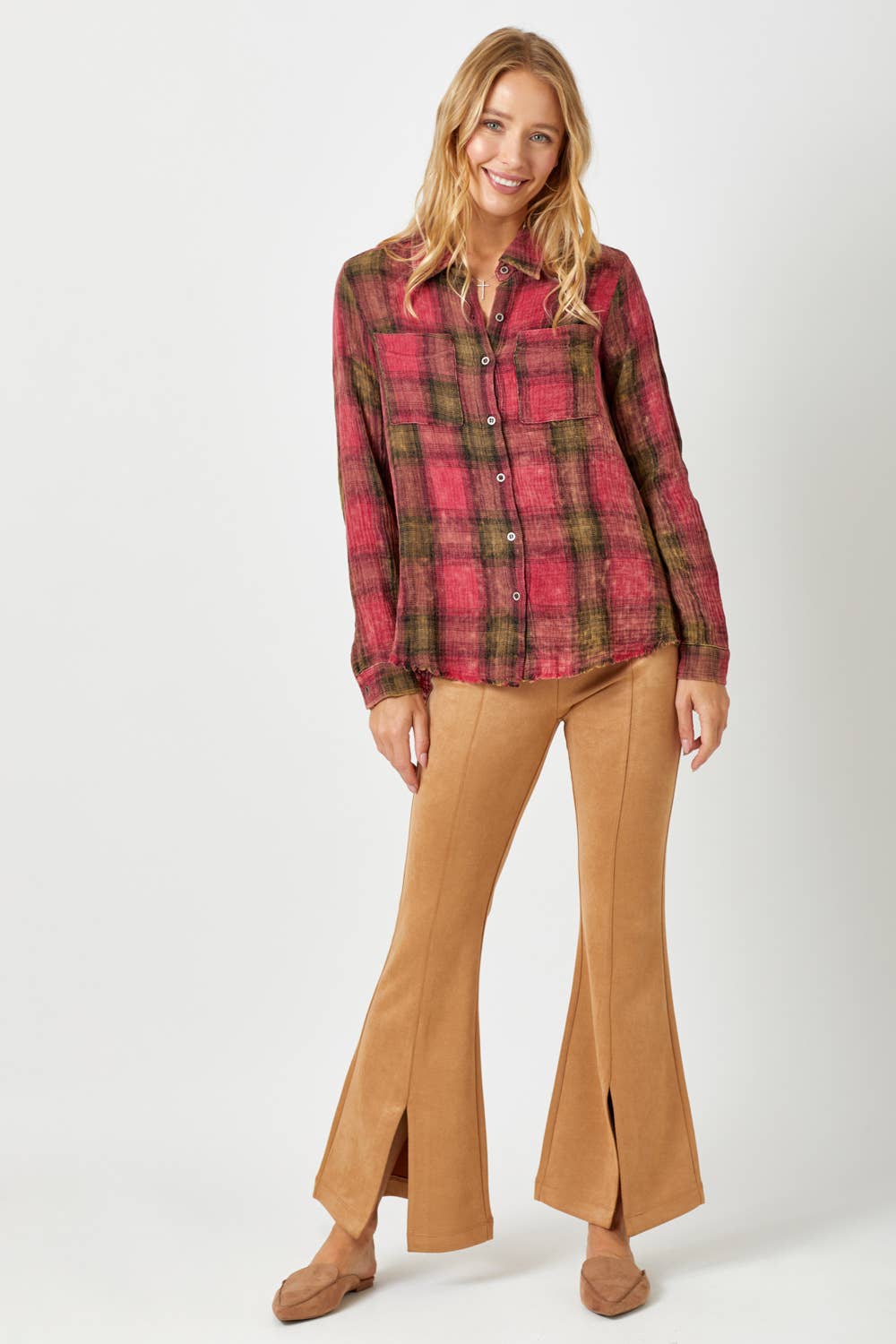Fringe Bottom Washed Plaid Shirt