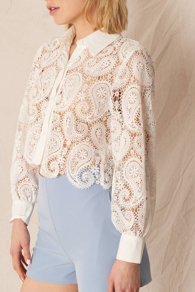 Long Sleeve Paisley Lace Button Down Top