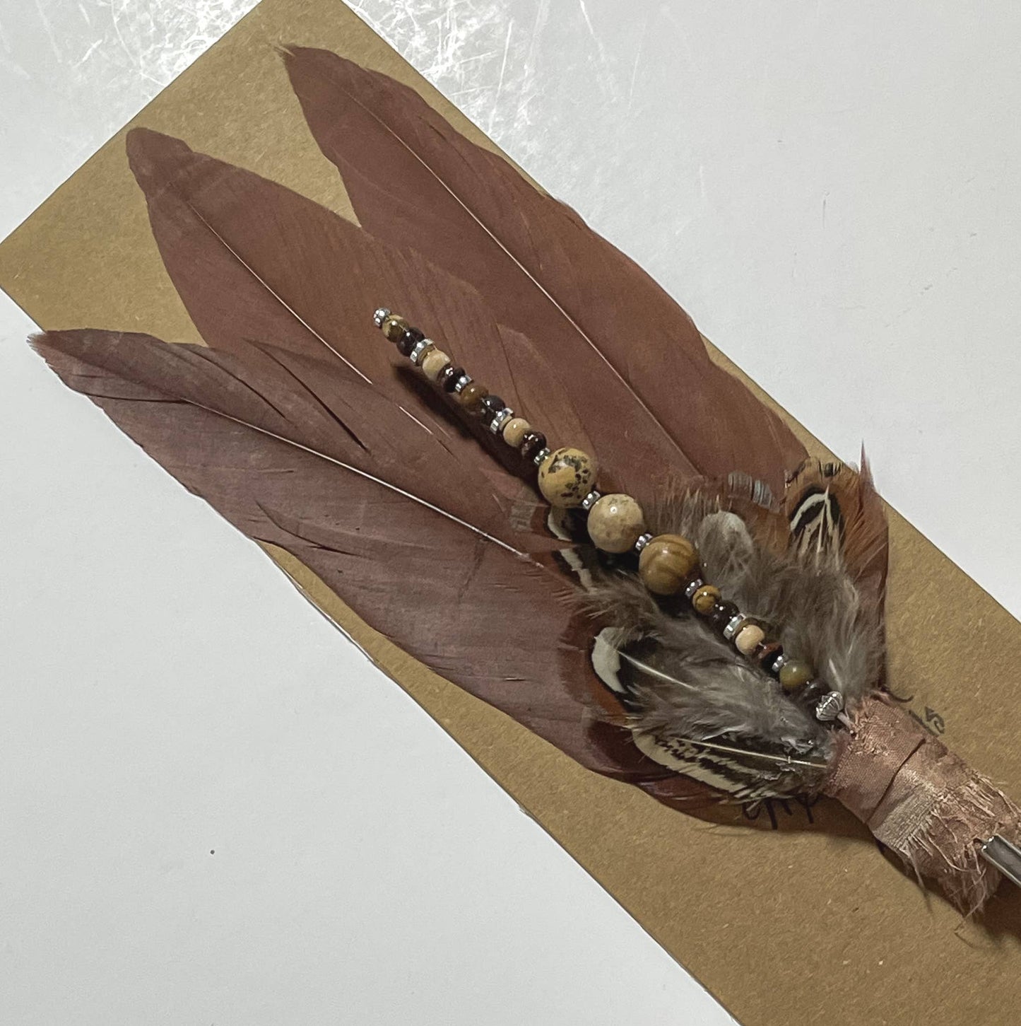 Brown and Ivory Hat Pin and Feather Combo