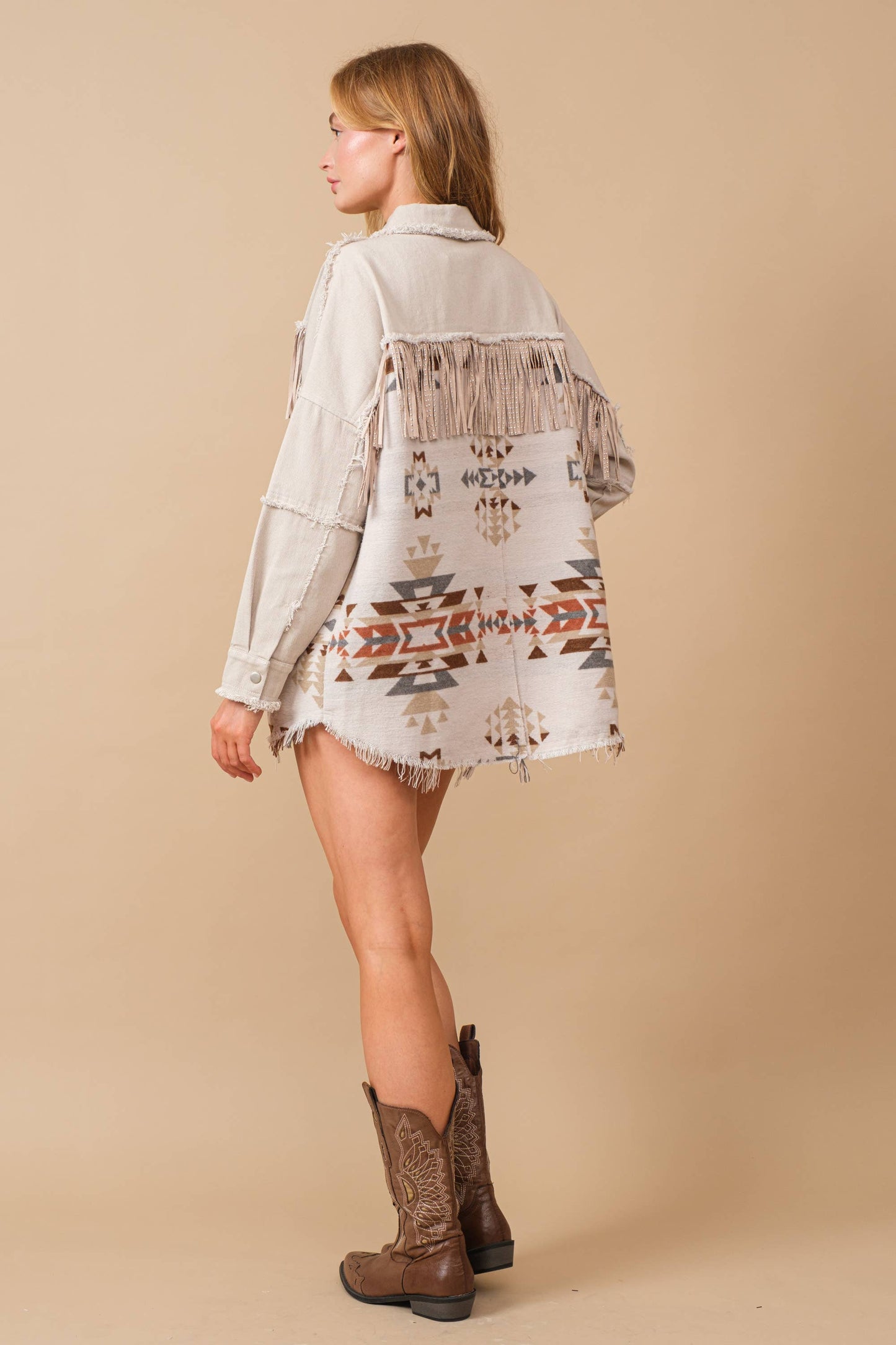 Aztec Contrast Frayed Shirt Jacket