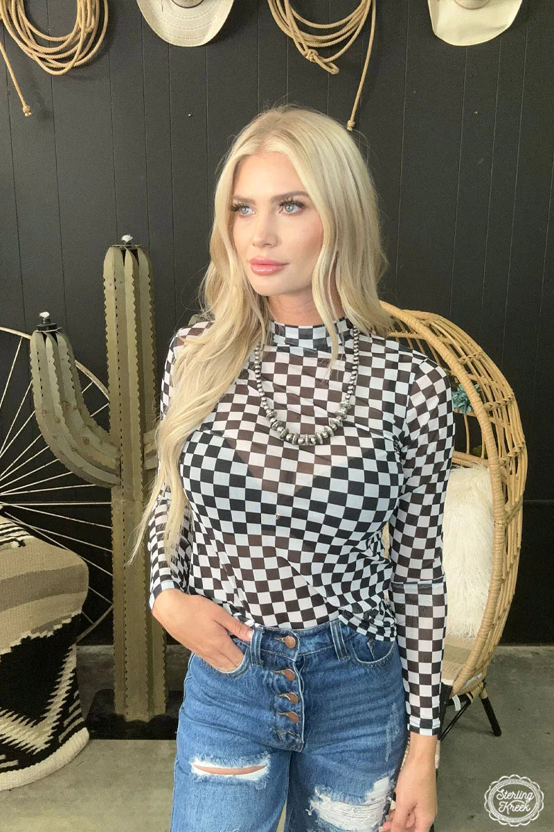 Checkered Print Mesh Mock Neck Long Sleeve Top