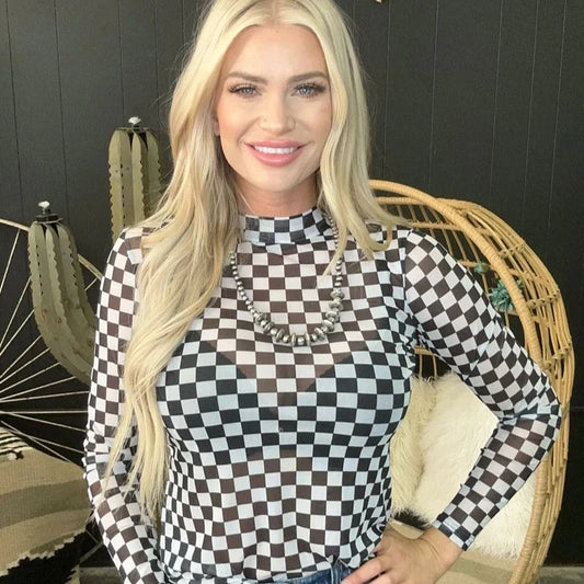 Round the Track Checkered Print Mesh Mock Neck Top