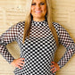 Round the Track Checkered Print Mesh Mock Neck Top