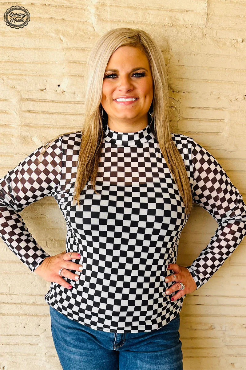 Round the Track Checkered Print Mesh Mock Neck Top