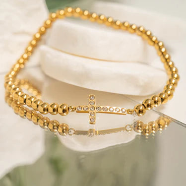 Gold Rush Cross Beaded Stretch Bracelet - Pretty Hunter