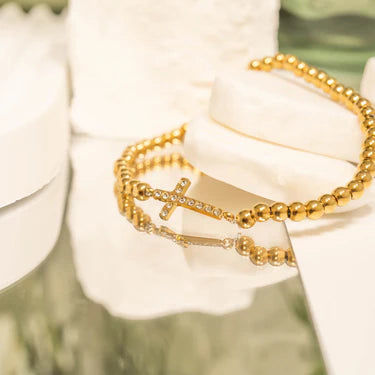 Gold Rush Cross Beaded Stretch Bracelet - Pretty Hunter