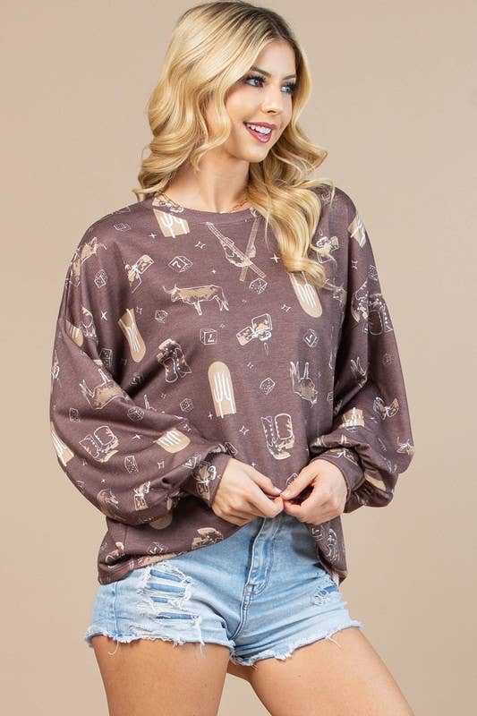 Western Print Long Sleeve Sweatshirt for Cowgirls