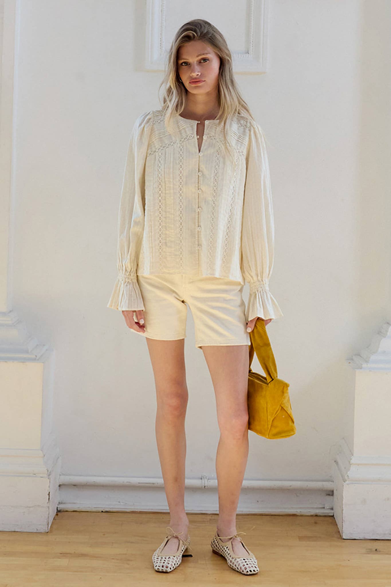 Lace Pintuck Detail Button Blouse