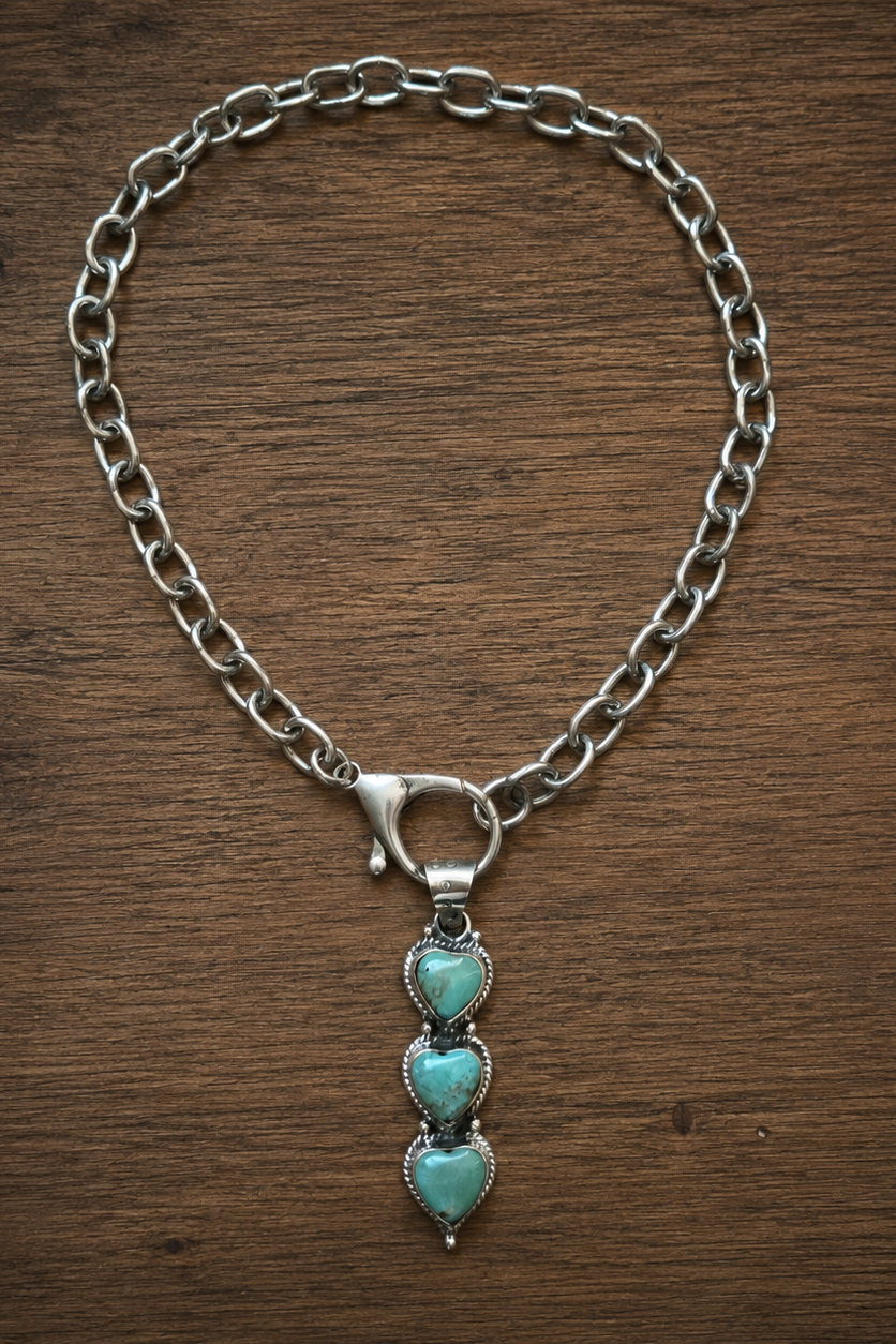Genuine Turquoise Hearts Tibetan Pendant Chain Necklace