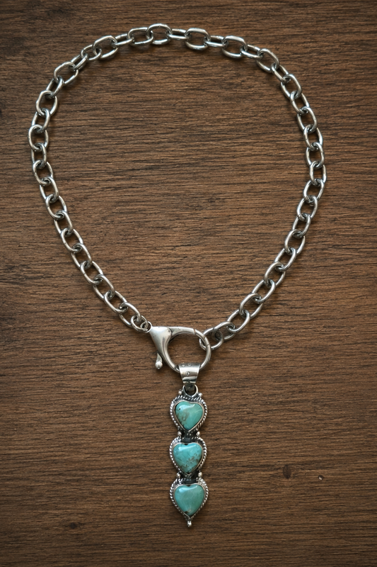 Genuine Turquoise Hearts Tibetan Pendant Chain Necklace