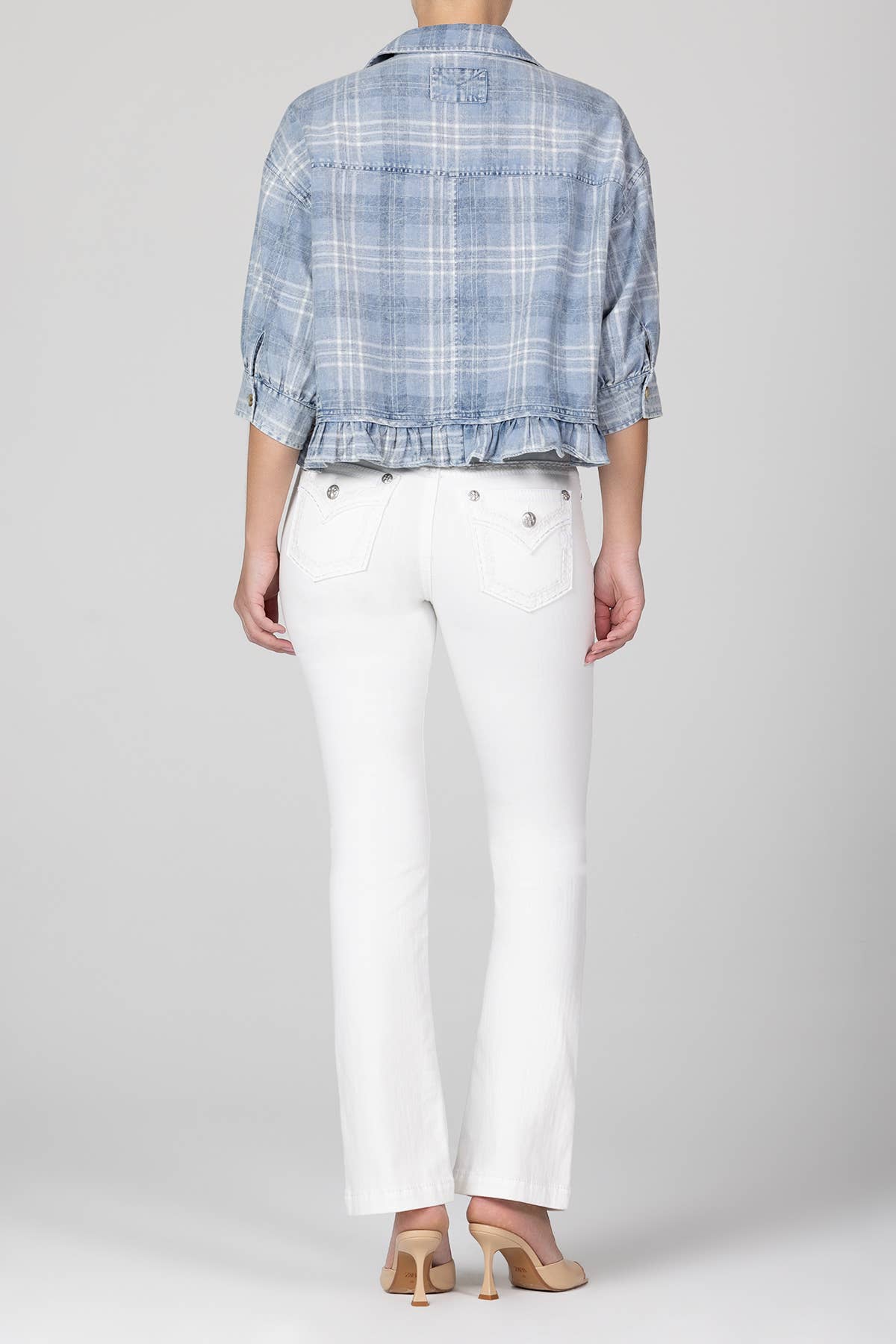 Blue Denim Plaid top with Ruffle Hem