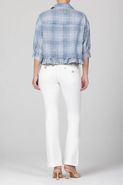 Blue Denim Plaid top with Ruffle Hem