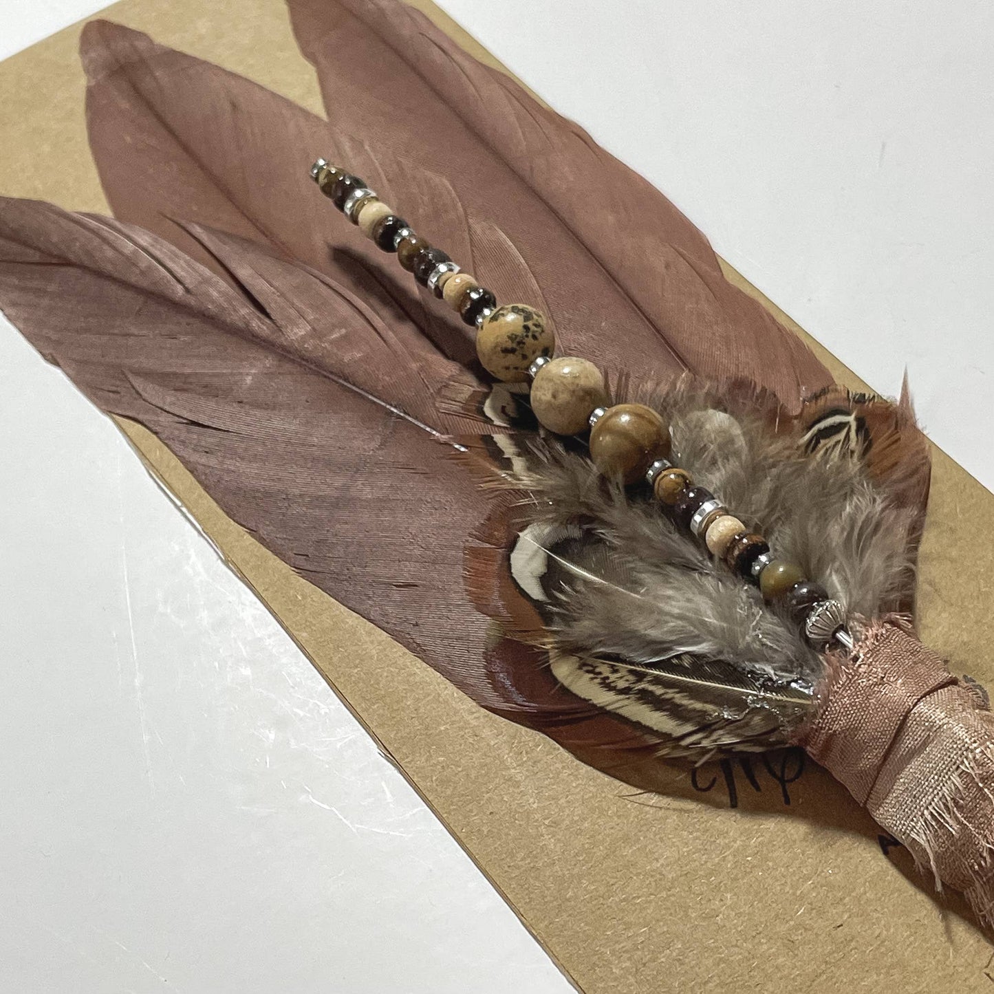 Brown and Ivory Hat Pin and Feather Combo