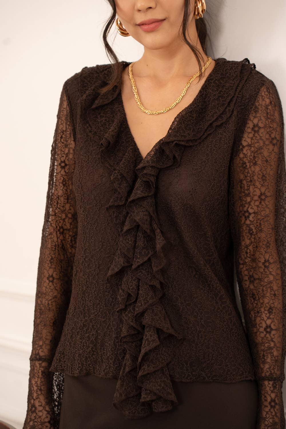 Chocolate Brown Lace Blouse with Ruffled V-Neck