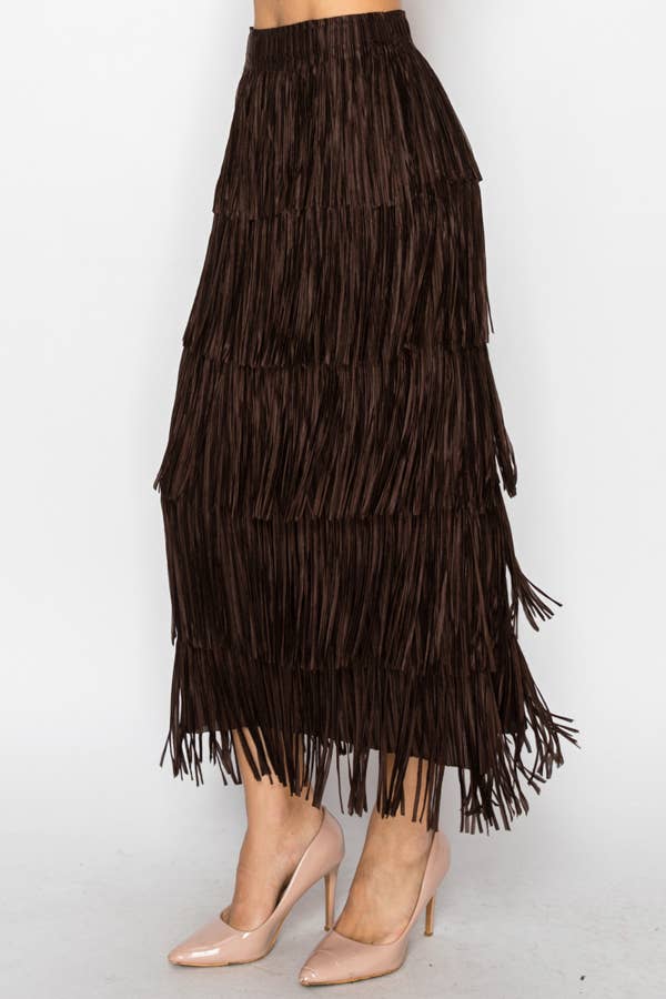 Layered Fringe Tiered Brown Maxi Skirt