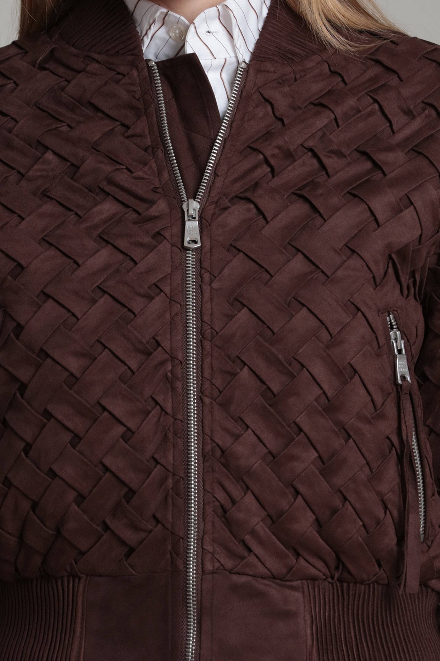 Faux Suede Woven Bomber Jacket