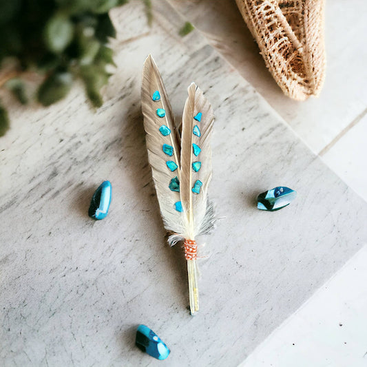 Turquoise Feathers Hand Wrapped Recycled Fabric