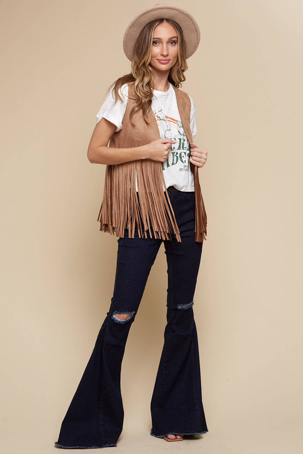 Tan Faux Suede Western Fringe Vest for Cowgirls