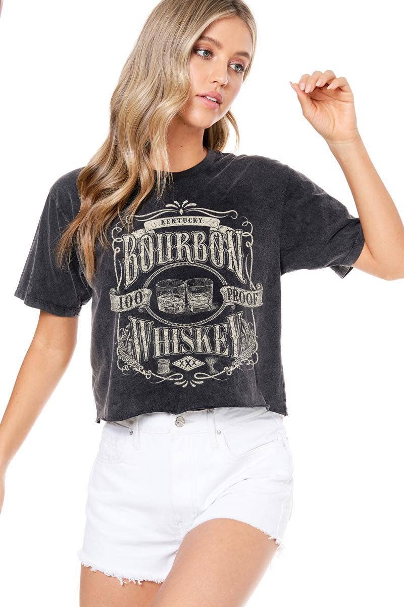 Bourbon Whiskey 100 Proof Graphic T-shirt Washed Faux Crop Tee