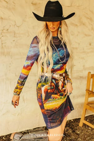 Women's Water Painted Riding Horse Printed Mesh Dress with Layering Piece