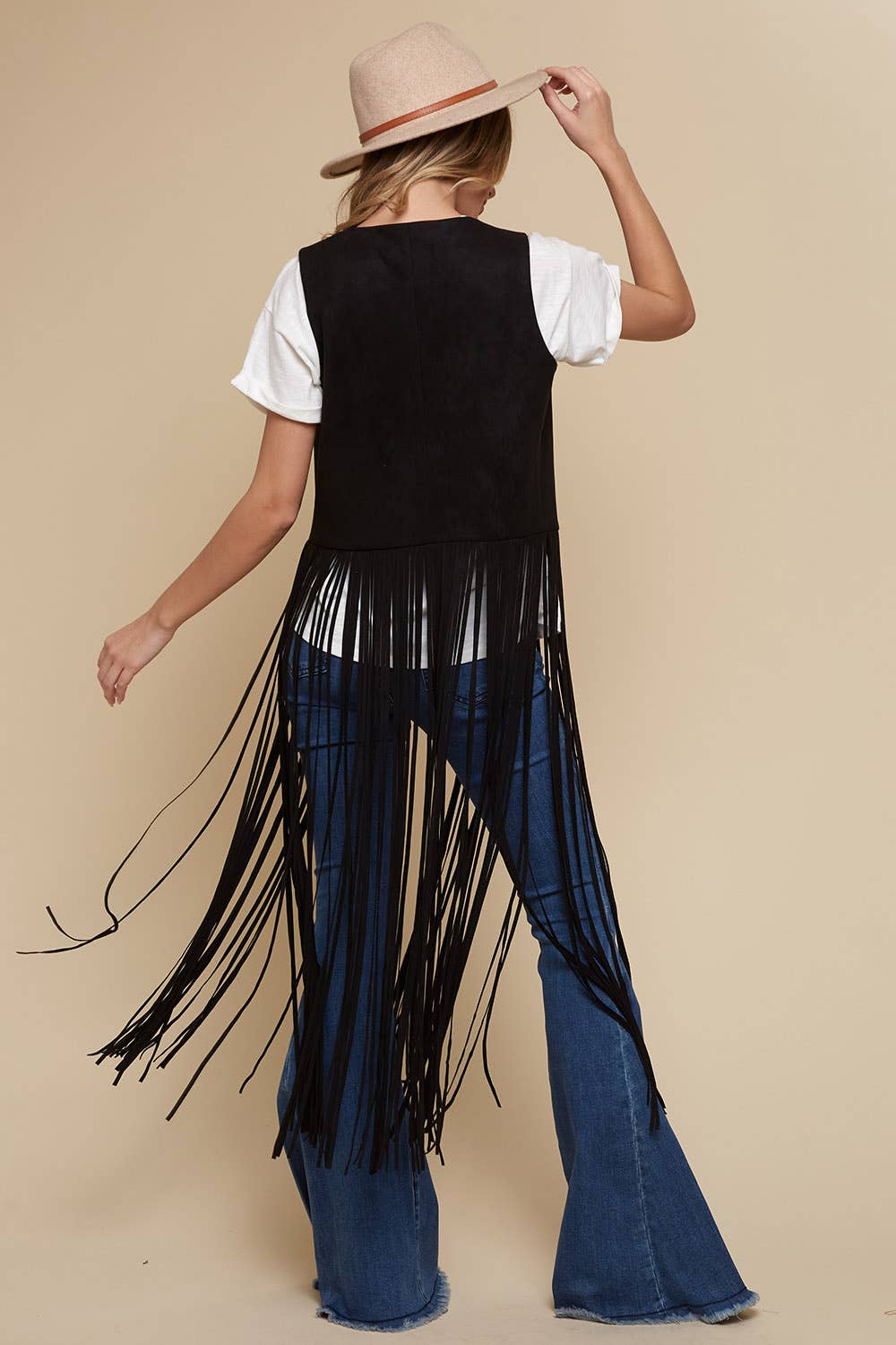 Black Long Fringe Faux Suede Western Vest