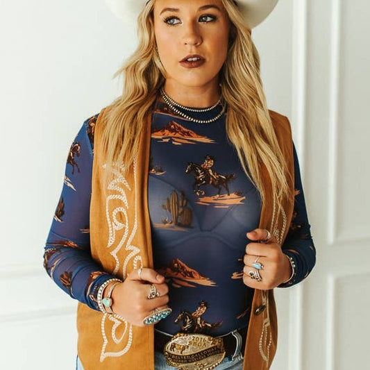 Blue Western Cowgirl Printed Mesh long Sleeve Top