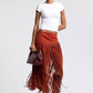 Faux Suede Fringe Maxi Skirt - Rust